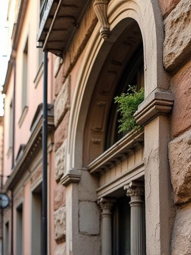 Dettaglio di restauro di una facciata storica in un vicolo romano, con impalcature discrete