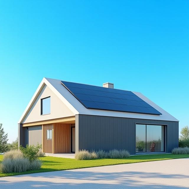 Installazione discreta di pannelli solari integrati nel tetto di una moderna abitazione, con cielo limpido