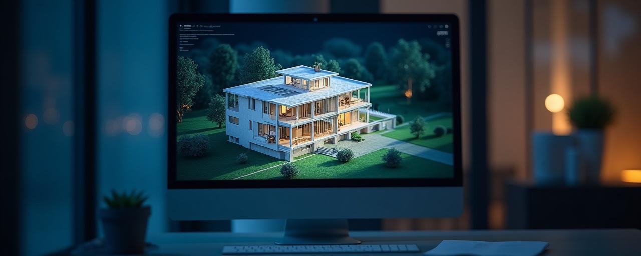 Schermo di un computer che mostra un modello 3D dettagliato di un edificio residenziale, creato con software BIM